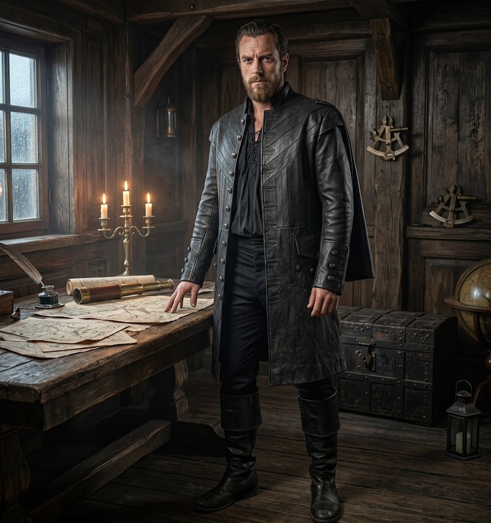 A bearded man in a long black leather-like coat, black shirt, and tall black boots stands in a rustic wooden room with a desk, maps, candles, and nautical decorations.