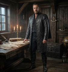 A bearded man in a long black leather-like coat, black shirt, and tall black boots stands in a rustic wooden room with a desk, maps, candles, and nautical decorations.