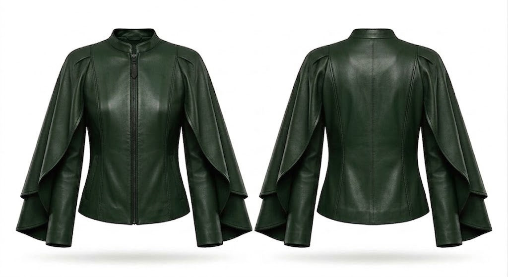 A dark forest green faux leather jacket shown from both the front and back views. The jacket features a high mock neck, a front zipper, and dramatic draped bell sleeves with layered ruffle details.