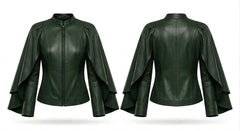 A dark forest green faux leather jacket shown from both the front and back views. The jacket features a high mock neck, a front zipper, and dramatic draped bell sleeves with layered ruffle details.