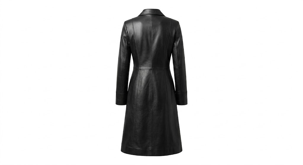A black leather trench coat shown from the back, featuring a structured collar, long sleeves, and a defined waist seam, set against a plain white background.