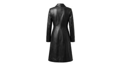 A black leather trench coat shown from the back, featuring a structured collar, long sleeves, and a defined waist seam, set against a plain white background.