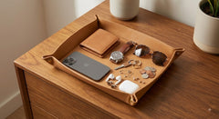 A tan leather organizer tray resting on a wooden nightstand, holding a smartphone, wallet, watch, sunglasses, keys, coins, earbuds case, and small accessories.