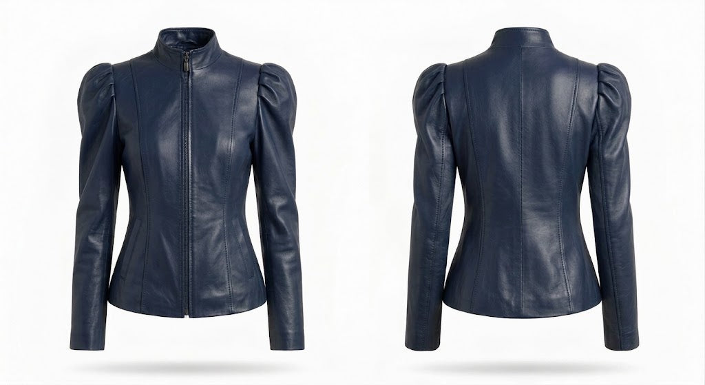 A navy blue leather jacket shown from both the front and back views, featuring a high stand-up collar, front zipper, and puffed long sleeves, set against a plain white background.