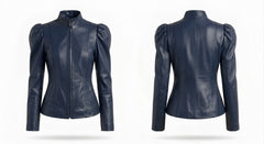 A navy blue leather jacket shown from both the front and back views, featuring a high stand-up collar, front zipper, and puffed long sleeves, set against a plain white background.