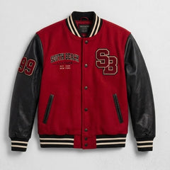 A red and black varsity jacket with black faux-leather sleeves, featuring 'SOUTH BEACH' and 'SB' lettering on the front, and '99' on the sleeve, displayed against a light gray textured background.