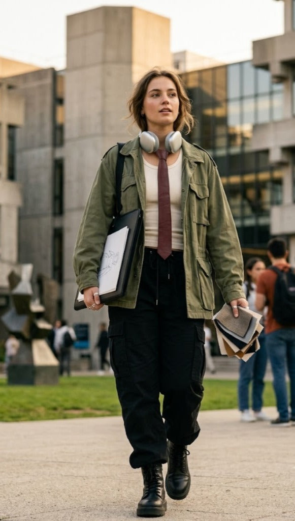A woman walking outdoors in front of modern buildings, wearing an olive green utility jacket over a cream top and burgundy tie, with black cargo pants and black boots. She has white over-ear headphones around her neck, a black shoulder bag, and holds notebooks.
