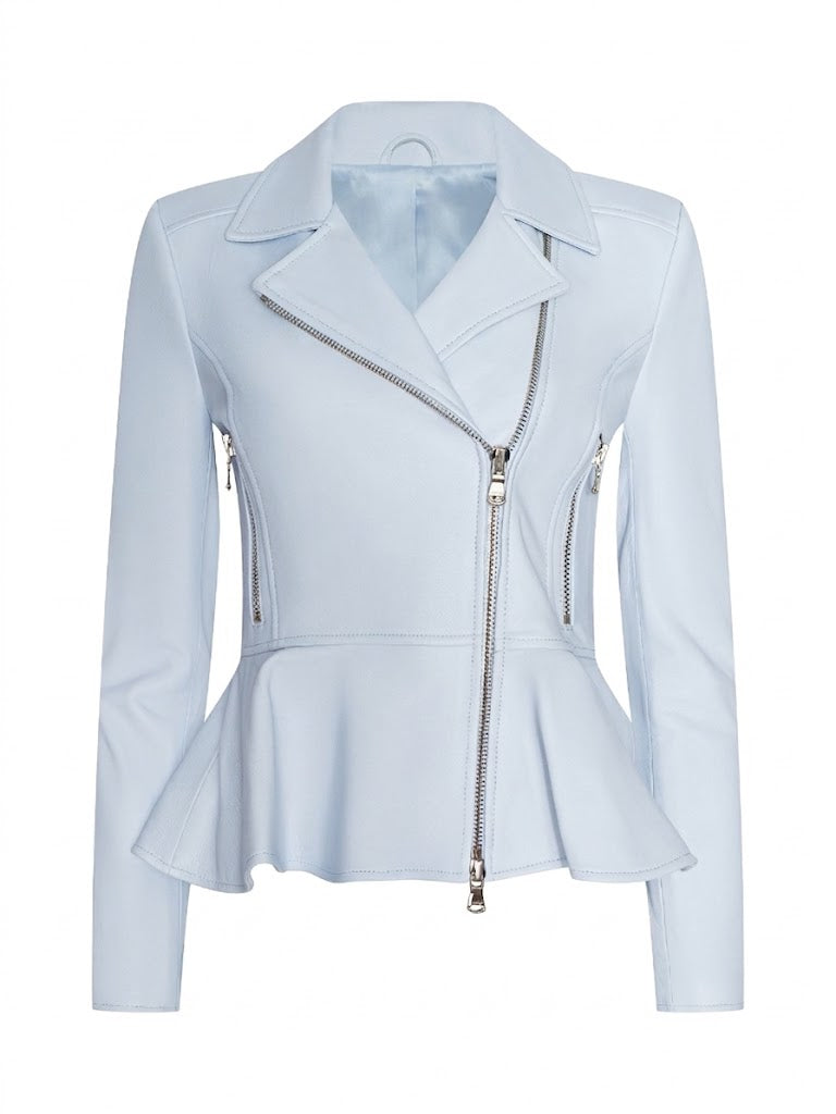 A light blue faux leather moto jacket with a peplum hem, asymmetrical zipper, and silver hardware, shown on a plain white background.