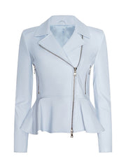 A light blue faux leather moto jacket with a peplum hem, asymmetrical zipper, and silver hardware, shown on a plain white background.