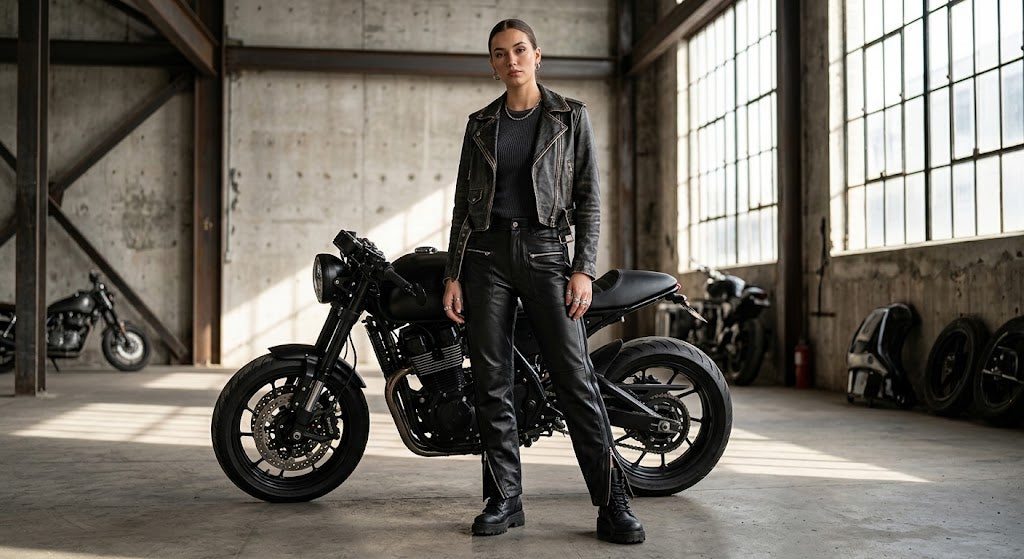A woman wearing a black leather motorcycle jacket, black leather pants, and black boots stands next to a black cafe racer motorcycle inside a rustic industrial garage with large windows.