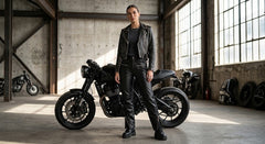 A woman wearing a black leather motorcycle jacket, black leather pants, and black boots stands next to a black cafe racer motorcycle inside a rustic industrial garage with large windows.