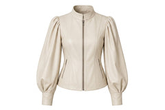 A light beige leather jacket with a stand-up collar, long balloon sleeves, and a front zipper, shown on a plain white background.