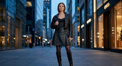 A woman stands on a city street at dusk wearing a black leather jacket, black mini skirt, black top, and tall black boots. Buildings and storefronts are visible in the background, including a Gucci sign on the right.