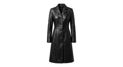 A black leather trench coat with a double-breasted front, notched lapels, and long sleeves, shown on a plain white background.