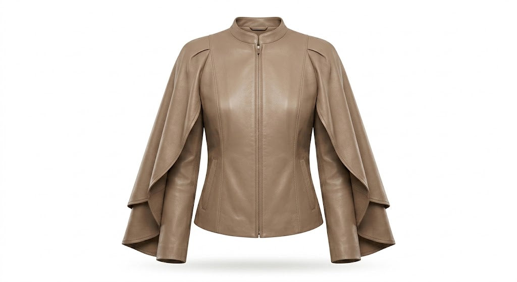 A taupe brown faux leather jacket with a stand collar, front zipper, and dramatic layered flutter sleeves, shown on a plain white background.