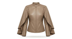 A taupe brown faux leather jacket with a stand collar, front zipper, and dramatic layered flutter sleeves, shown on a plain white background.
