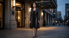 Women’s Black Genuine Leather Dress Trench Coat | Slim Fit Statement Jacket