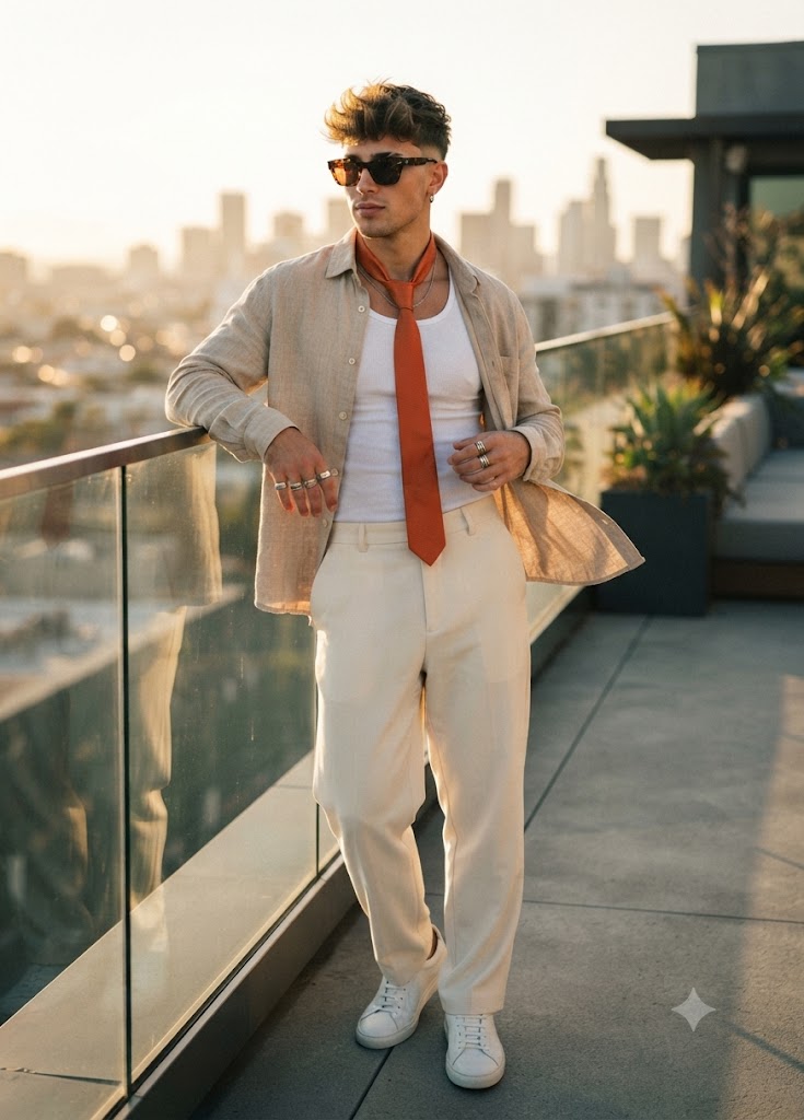 A man stands on a rooftop terrace at sunset wearing a light beige overshirt, white tank top, cream trousers, white sneakers, and a bright orange tie. The city skyline is visible in the background.