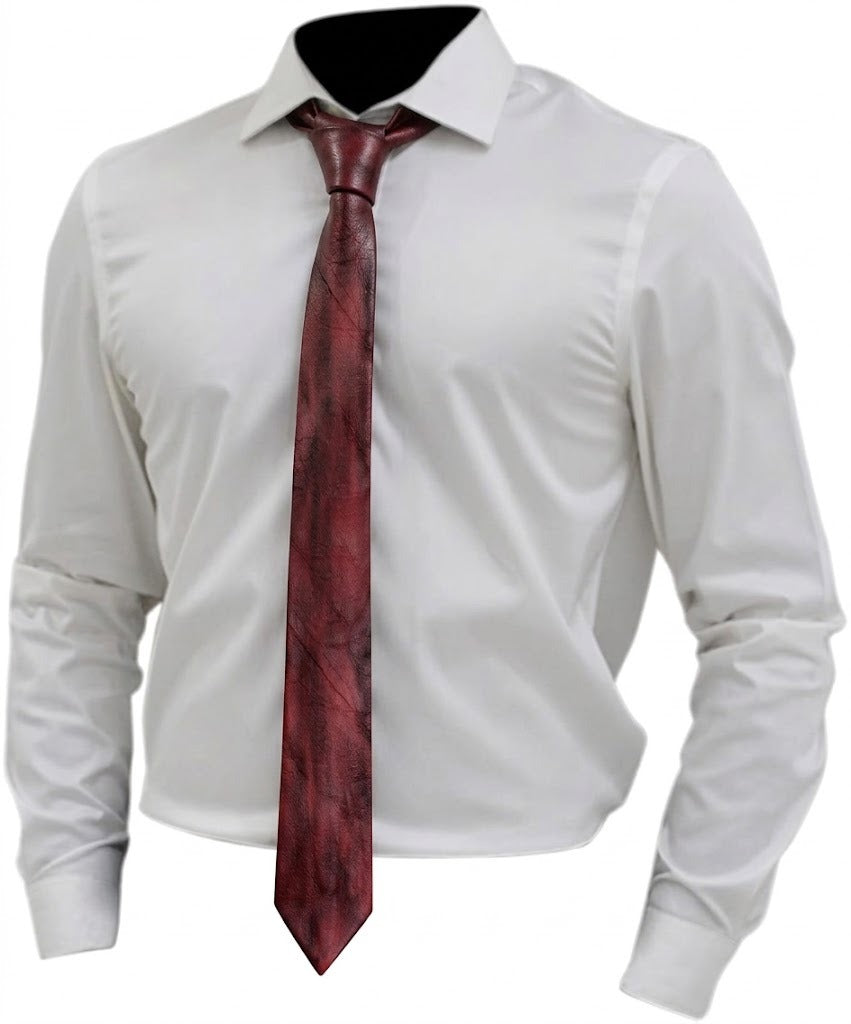 Maroon Distressed Genuine Leather Tie – Vintage Slim Necktie Unisex