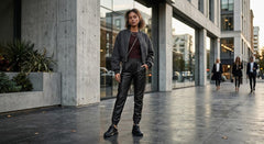 A woman stands on a city sidewalk wearing a dark gray bomber jacket, black leather-look pants, a dark burgundy top, and black boots. Modern concrete buildings with large glass windows are in the background, with a few blurred pedestrians further down the walkway.