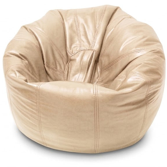 A round, oversized bean bag chair upholstered in light tan leather, shown against a plain white background.