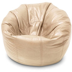 A round, oversized bean bag chair upholstered in light tan leather, shown against a plain white background.