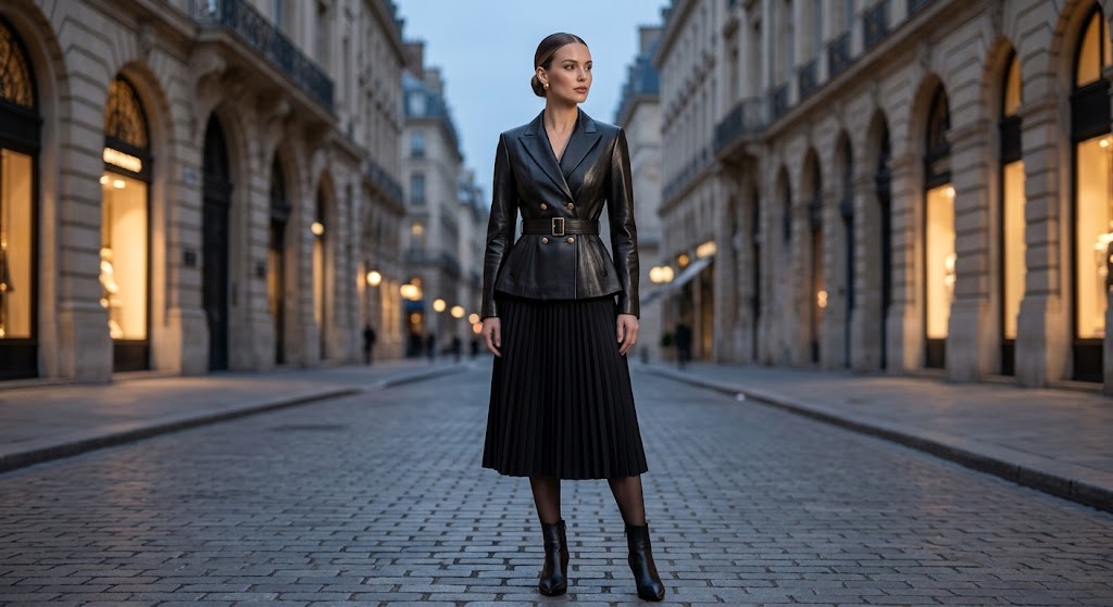 A woman stands centered on a cobblestone city street wearing a dark tailored jacket with a belt and a long pleated skirt, with buildings lit by warm lights on both sides.