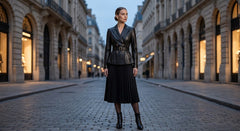 A woman stands centered on a cobblestone city street wearing a dark tailored jacket with a belt and a long pleated skirt, with buildings lit by warm lights on both sides.