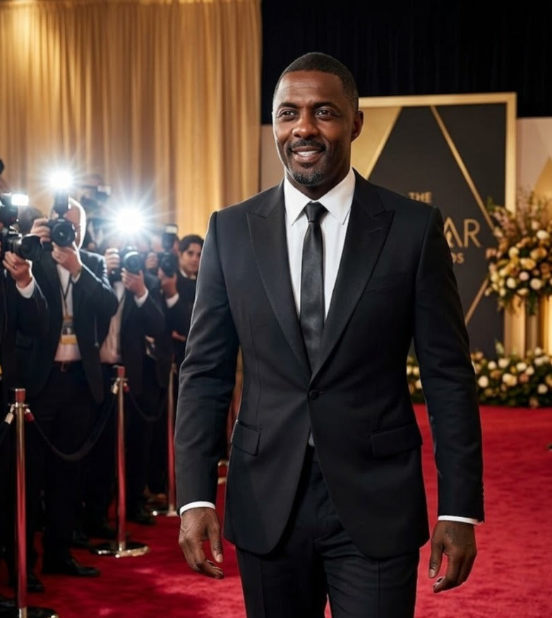 A man in a black suit, white dress shirt, and black tie walking on a red carpet at an awards show, with photographers and stage lighting visible in the background.