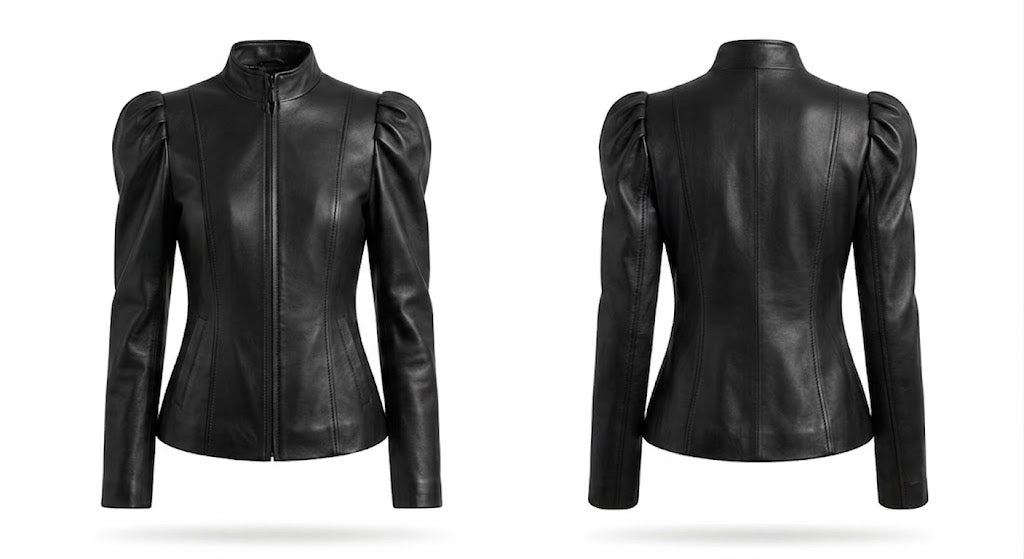 Black leather jacket with puff sleeves and a high collar, shown from both the front and back views on a white background.