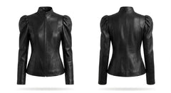Black leather jacket with puff sleeves and a high collar, shown from both the front and back views on a white background.