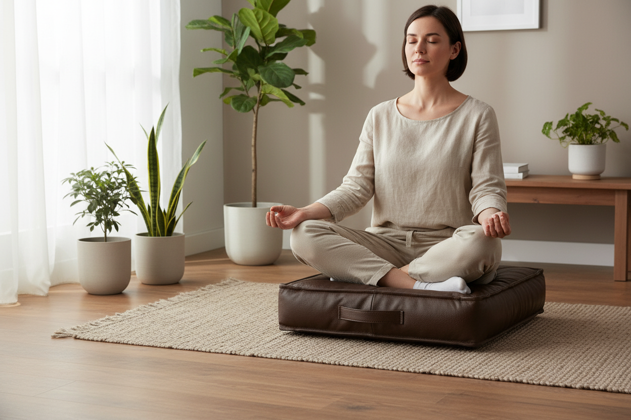 A woman meditating in a cross-legged seated position on a brown square cushion placed on a woven rug in a bright, modern room with potted plants and a wooden floor.