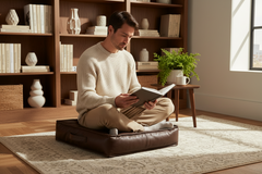 A man sits cross-legged on a brown leather floor cushion in a bright, modern room, reading a book. The cushion is placed on a light-colored rug in front of a wooden bookshelf.