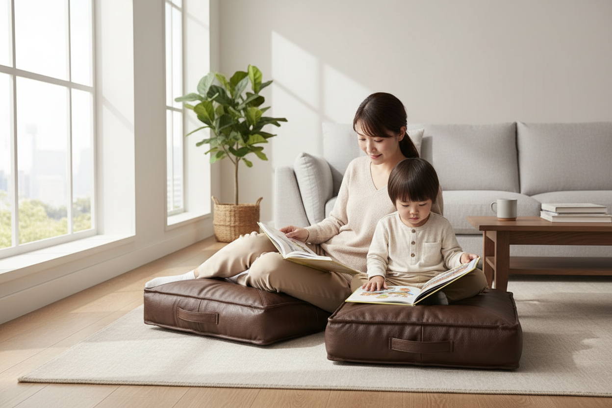 A woman and a young child sit on brown floor cushions in a bright, modern living room, reading books together. The scene includes a light gray sofa, a wooden side table, a potted plant, and large windows with soft natural light.