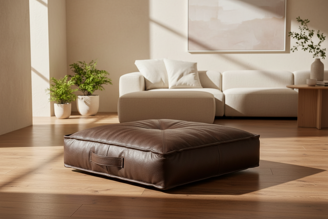 A square brown leather floor cushion or ottoman with a stitched handle, placed on a light wood floor in a modern, sunlit living room with a cream sofa and potted plants.
