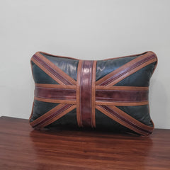 Genuine Leather Union Jack Throw Pillow Cover | British Flag Farmhouse Cushion Case