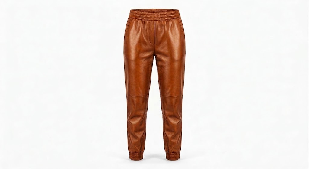 A pair of brown leather jogger pants with an elastic waistband and ribbed ankle cuffs, shown against a plain white background.