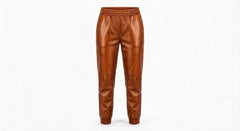 A pair of brown leather jogger pants with an elastic waistband and ribbed ankle cuffs, shown against a plain white background.