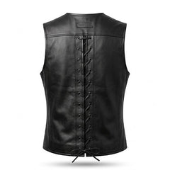 Men’s Genuine Leather Lace-Up Vest – Sleeveless Biker Style