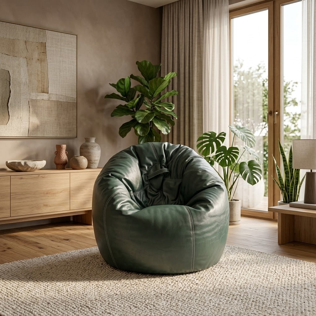 A dark green leather bean bag chair in a modern, warm-toned living room with wooden floors, a light wood credenza, and several potted plants.