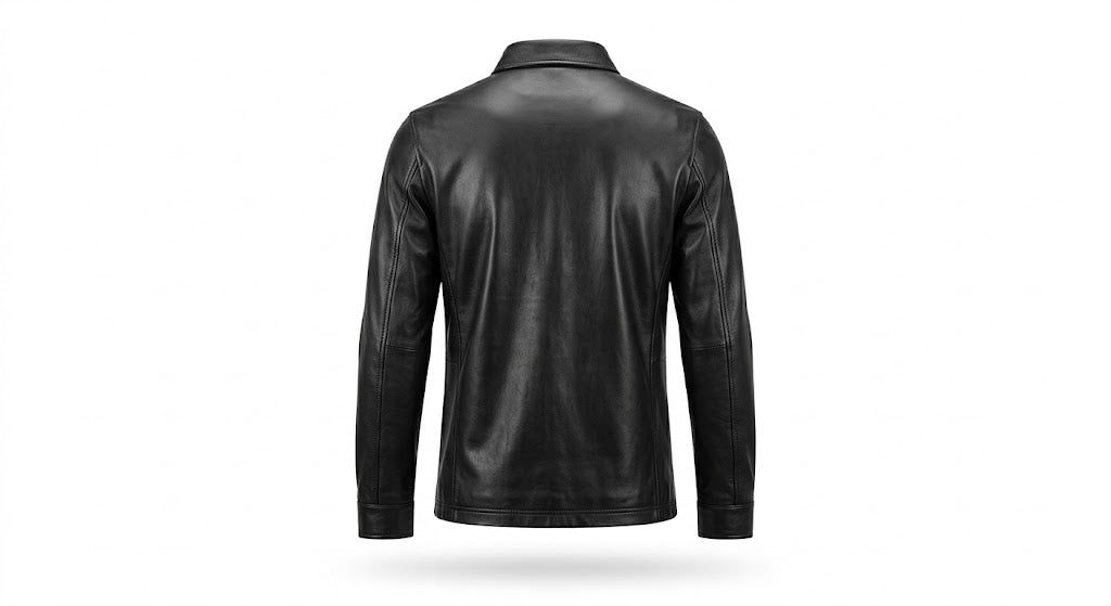 A black leather jacket shown from the back, featuring a leather, displayed on a clean white background with a soft shadow underneath.