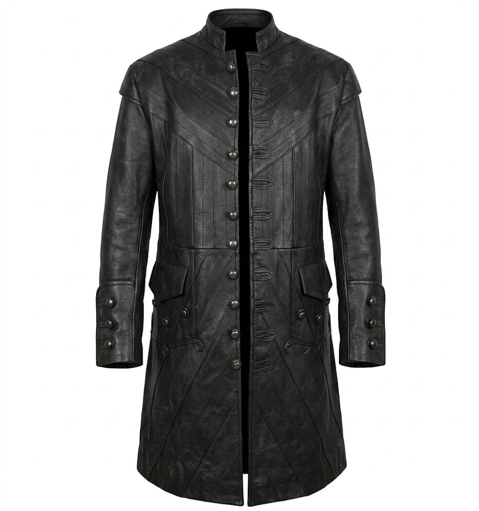 A black leather long coat with a high stand collar, decorative button closures down the front, flap pockets, and buttoned cuffs, shown against a plain white background.