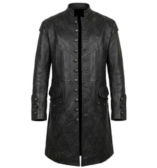 A black leather long coat with a high stand collar, decorative button closures down the front, flap pockets, and buttoned cuffs, shown against a plain white background.
