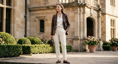 A woman stands outdoors in front of a stone building, wearing a dark brown leather jacket, white blouse, cream trousers, and dark loafers, while holding a small brown handbag.