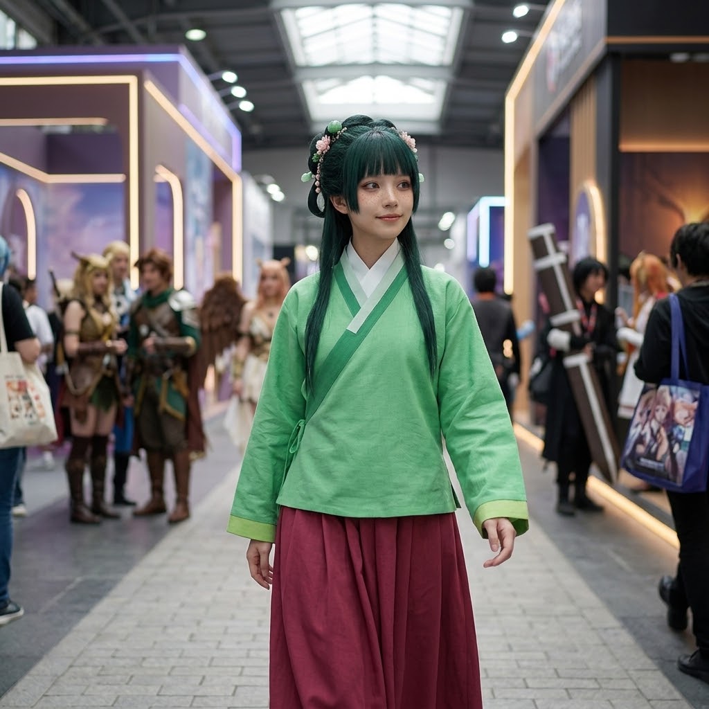 A woman wearing a detailed cosplay outfit stands in a convention center aisle. The outfit features a light green top with a darker green V-neck trim, a white collar, and a dark red wide-leg skirt.