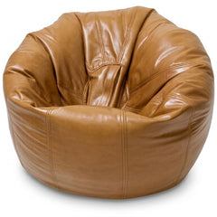 A round, low-profile leather armchair in a warm tan or cognac brown color, shown on a plain white background.
