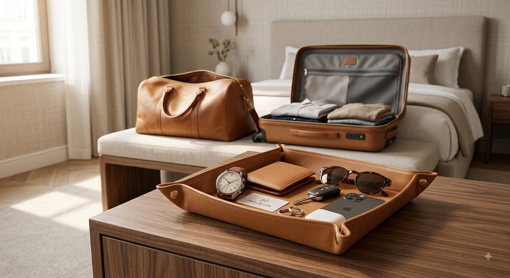 A warm tan leather travel organizer set displayed in a modern, sunlit bedroom. The set includes a matching leather duffel bag resting on a bench, an open leather suitcase, and a leather tray on the foreground table holding travel accessories like sunglasses, a watch, and a wallet.