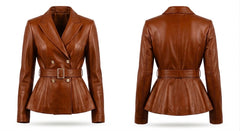 A brown -leather blazer jacket shown from both the front and back views. The jacket features a double-breasted design with a matching waist belt and a gold-tone buckle.