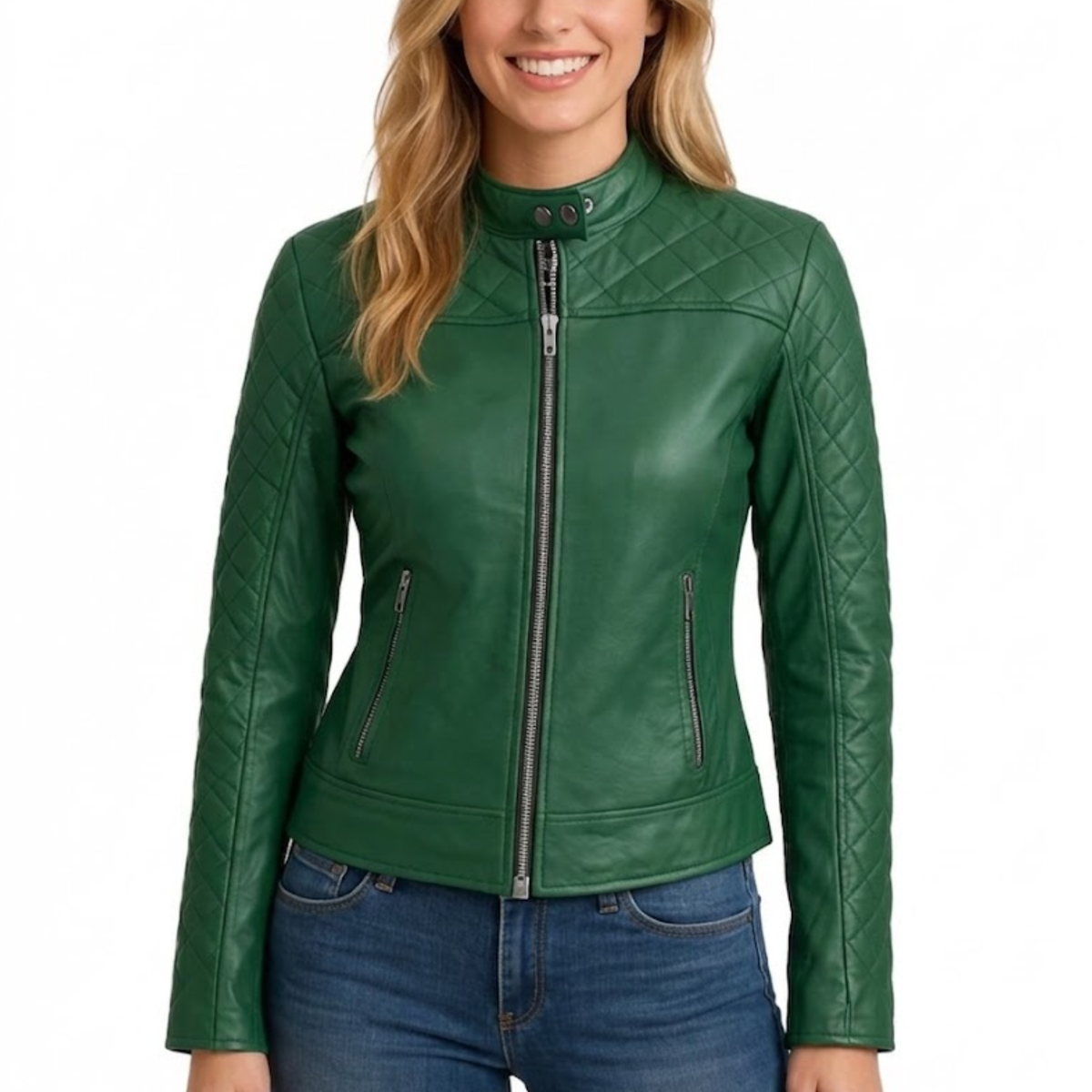Women Green Quilted Stylish Leather Jacket - Cafe Racer Leather Jacket