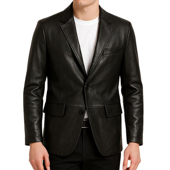 Men's Black Leather Blazer Jacket